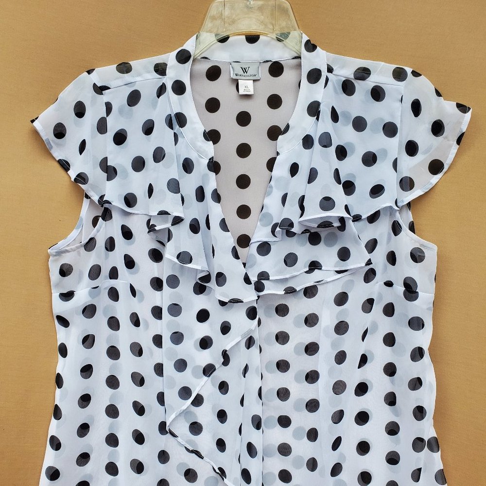 White and Black Ruffle Polka-Doted Thin Blouse